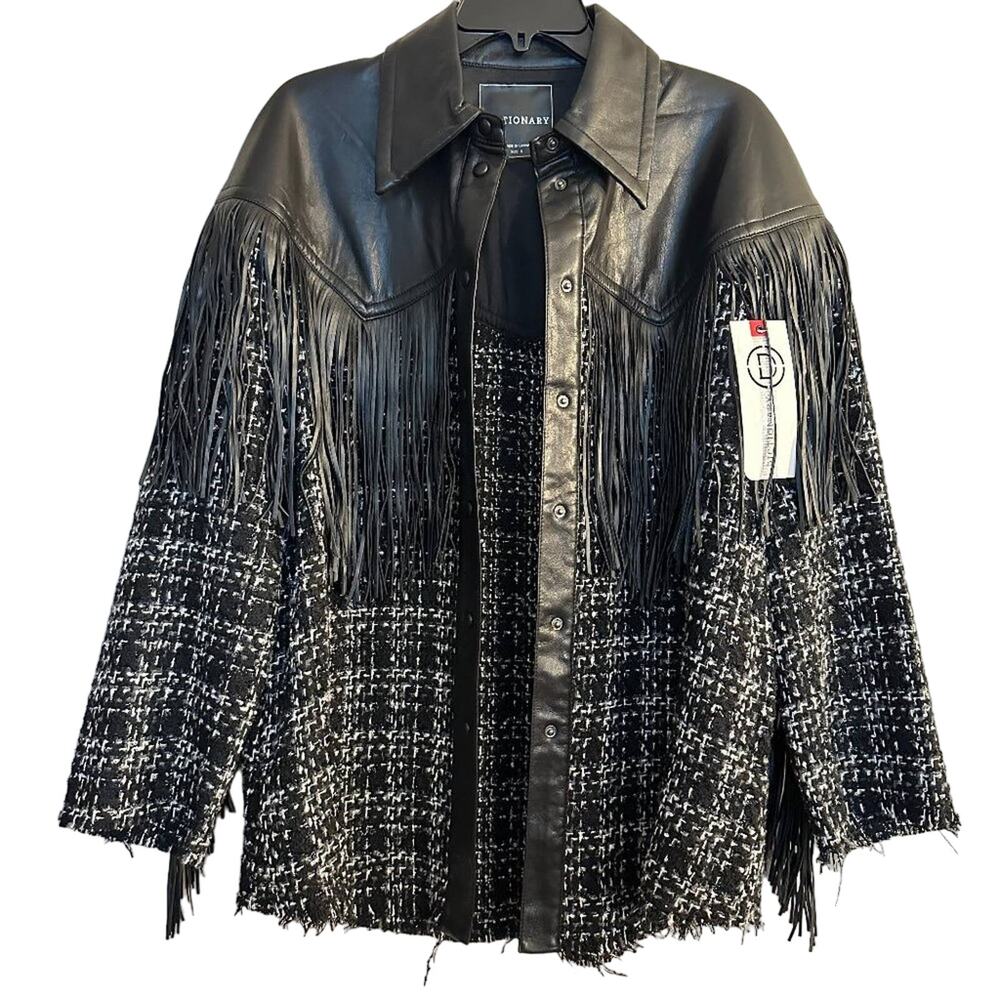 Dictionary Tweed Button Down Leather Fringe Jacket Size S NWT